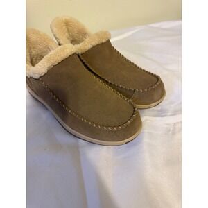 Orthaheel Women's Suede Clog Slippers Mules leather Tan Beige Fuzzy Sherpa Sz8